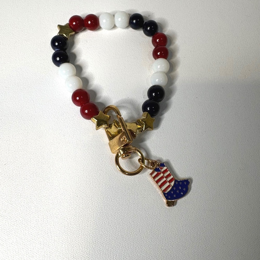 Patriotic Red White Blue Beaded Bracelet Gold Star Cowboy Boot Charm Americana